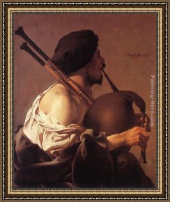 Hendrick Framed Paintings - Bagpipe Player by Hendrick Terbrugghen