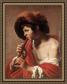 Hendrick Framed Paintings - Boy Playing Flute by Hendrick Terbrugghen