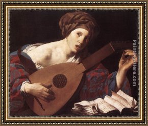 Hendrick Framed Paintings - Woman Playing the Lute by Hendrick Terbrugghen