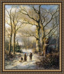 Brazilian Forest Framed Paintings - Woodgatherers in a Winter Forest by Hendrik Barend Koekkoek
