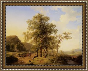 Landscape with Figure Framed Paintings - A Treelined River Landscape with Figures and Cattle an a Path by Hendrikus van den Sande Bakhuyzen