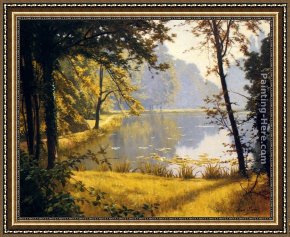 Quiet Pond Framed Paintings - A Lily Pond by Henri Biva