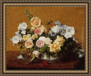 Two Roses on a Tablecloth Framed Paintings - Bouquet of Roses and Other Flowers by Henri Fantin-Latour