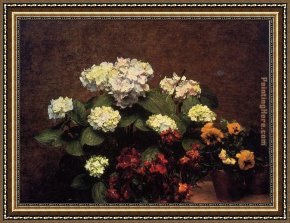 The Clove Catskills Framed Paintings - Hydrangias Cloves and Two Pots of Pansies by Henri Fantin-Latour