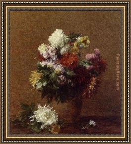 Bed of Chrysanthemums Framed Paintings - Large Bouquet of Chrysanthemums by Henri Fantin-Latour