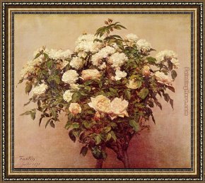 Two Roses on a Tablecloth Framed Paintings - Rose Trees White Roses by Henri Fantin-Latour