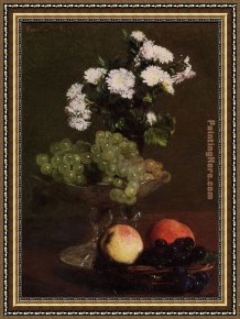 Bed of Chrysanthemums Framed Paintings - Still Life Chrysanthemums and Grapes by Henri Fantin-Latour