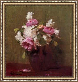 Two Roses on a Tablecloth Framed Paintings - White Peonies and Roses Narcissus by Henri Fantin-Latour
