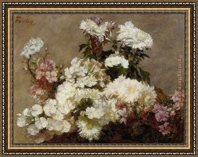 Bed of Chrysanthemums Framed Paintings - White Phlox Summer Chrysanthemum and Larkspur by Henri Fantin-Latour