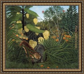 The Buffalo Trail Framed Paintings - Fight Between a Tiger and a Buffalo by Henri Rousseau