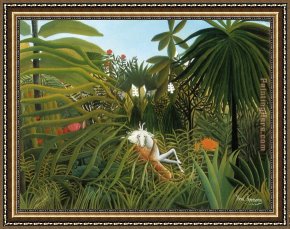 El Bano Del Caballo [the Horse's Bath] Framed Paintings - Horse Attacked by a Jaguar by Henri Rousseau