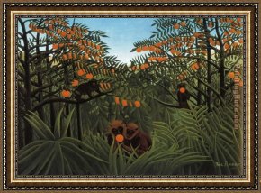 Tropical Framed Paintings - Monkeys in the Jungle by Henri Rousseau