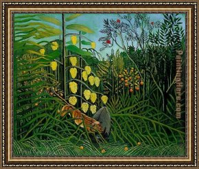 The Buffalo Trail Framed Paintings - The Jungle - Tiger Attacking a Buffalo by Henri Rousseau