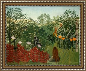 Brazilian Forest Framed Paintings - Tropical Forest with Monkeys by Henri Rousseau