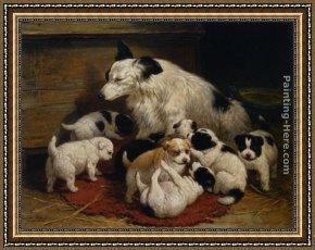 A Dog And Her Puppies Framed Paintings - A dog and her puppies by Henriette Ronner-Knip
