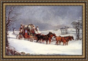 London Framed Paintings - The York to London Royal Mail on the Open Road in Winter by Henry Alken
