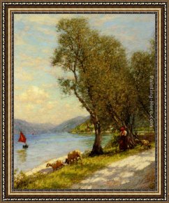 A Shepherdess with Her Flock Framed Paintings - Veronese shepherdess Lake Garda by Henry Herbert La Thangue
