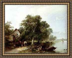 Landscape with Figure Framed Paintings - River Landscape With Figures Loading A Boat by Henry John Boddington