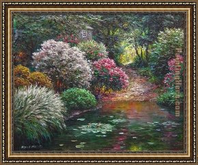 Quiet Pond Framed Paintings - Garden Pond by Henry Peeters