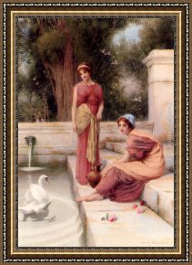 Leda And The Swan Framed Paintings - Two Classical Maidens And A Swan by Henry Ryland