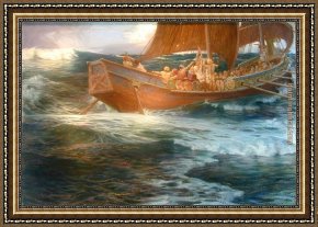 Puffins Over Sea Framed Paintings - Wrath of the Sea God by Herbert James Draper