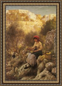 Young Girl Defending Herself Against Cupid Framed Paintings - Young Girls Picking Flowers by Horace Fisher