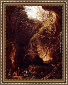 Landscape with Figure Framed Paintings - Figures By A Waterfall In A Wooded Landscape by Hubert Robert