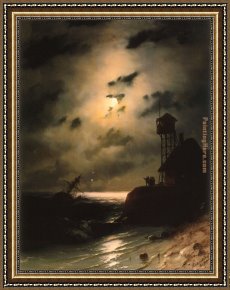 Seascape on a Cliff with Boat And Sunset Framed Paintings - Moonlit Seascape With Shipwreck by Ivan Constantinovich Aivazovsky