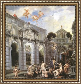 Nymph And Triton Framed Paintings - Nymphs at the Fountain of Love by Jacob Jordaens