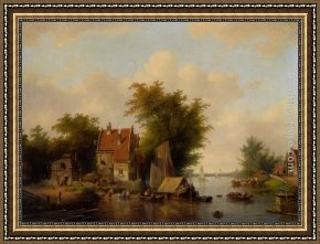 Bartholomeus Van Der Helst Framed Paintings - A river landscape with many figures by a village by Jacobus Van Der Stok