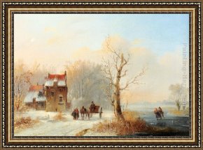 Bartholomeus Van Der Helst Framed Paintings - A Winter Landscape With Skaters On A Frozen waterway And A Horse-drawn Cart On A Snow-covered Track by Jacobus Van Der Stok