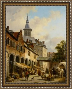 Town Square Framed Paintings - A Busy Market on a Town Square by Jacques Carabain