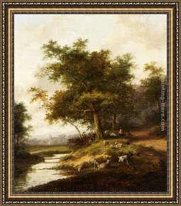 A Shepherdess with Her Flock Framed Paintings - A Shepherdess And Her Flock At Rest by Jan Evert Morel