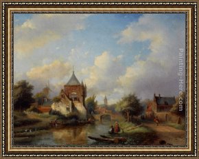 Landscape with Figure Framed Paintings - A Summer Landscape with Figures Along the Riverside by Jan Jacob Coenraad Spohler