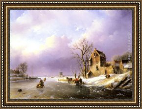 Landscape with Figure Framed Paintings - Winter Landscape with Figures on a Frozen River by Jan Jacob Coenraad Spohler