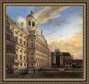 Town Square Framed Paintings - Amsterdam, Dam Square with the Town Hall and the Nieuwe Kerk by Jan van der Heyden