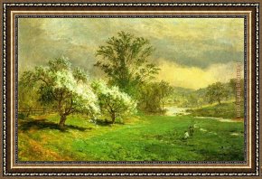 Hard Times Framed Paintings - Apple Blossom Time by Jasper Francis Cropsey