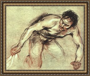 Male Nude Known As Patroclus Framed Paintings - Kneeling Male Nude by Jean-Antoine Watteau