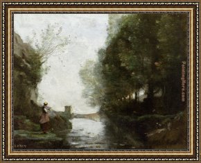 Corot Framed Paintings - Watercourse leading to the square tower by Jean-Baptiste-Camille Corot