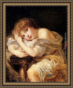 Young Girl Defending Herself Against Cupid Framed Paintings - 'La Jeune Fille a la colombe' - A young girl holding a dove by Jean Baptiste Greuze