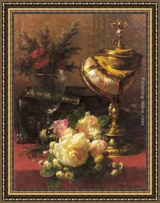 The Titan's Goblet Framed Paintings - A Bouquet of Roses and other Flowers in a Glass Goblet with a Chinese Lacquer Box and a Nautilus Cup on a red Velvet draped Table by Jean-Baptiste Robie
