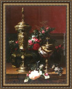 The Titan's Goblet Framed Paintings - A Still Life With A German Cup, A Nautilus Cup, A Goblet An Cut Flowers On A Table by Jean-Baptiste Robie