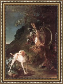 A Dog And Her Puppies Framed Paintings - Game Still-Life with Hunting Dog by Jean Baptiste Simeon Chardin