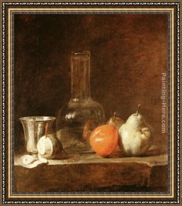 The Titan's Goblet Framed Paintings - Still Life with Carafe, Silver Goblet and Fruit by Jean Baptiste Simeon Chardin