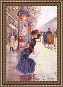 Boulevard Montmarte Framed Paintings - Jeune femme traversant le boulevard by Jean Beraud
