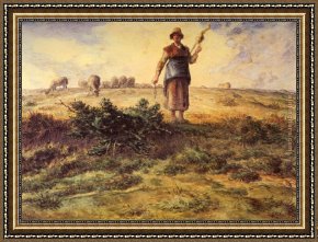 A Shepherdess with Her Flock Framed Paintings - A Shepherdess and her Flock by Jean Francois Millet