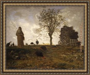 A Shepherdess with Her Flock Framed Paintings - Autumn landscape with a flock of Turkeys by Jean Francois Millet