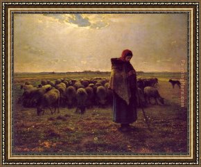 Sower with Setting Sun After Millet Framed Paintings - Shepherdess with her flock by Jean Francois Millet