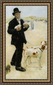 A Dog And Her Puppies Framed Paintings - Man Walking Dogs by Jean Francois Raffaelli