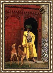 A Dog And Her Puppies Framed Paintings - An Arab And His Dogs by Jean-Leon Gerome